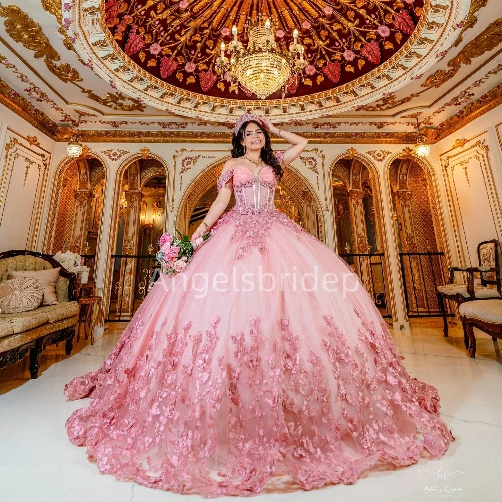 Angelsbridep personalizado rosa vestido de baile quinceanera vestidos 2025 miçangas com capa espartilho vestido de festa de aniversário de 15 anos