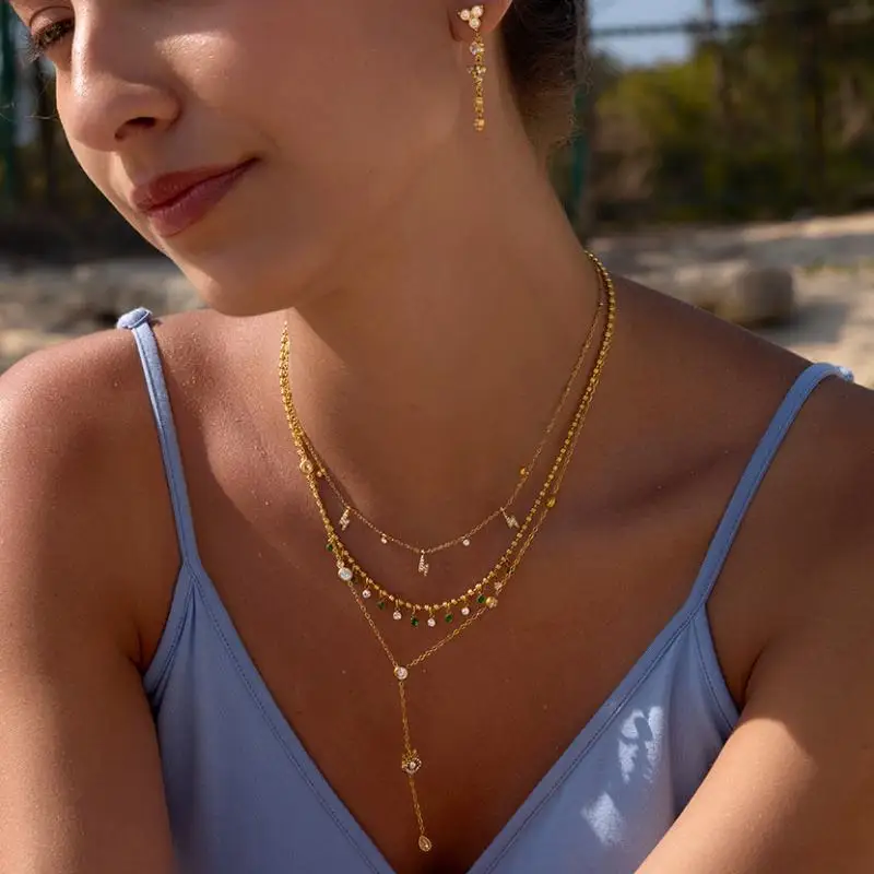 Sparkling Evil Eye Moon Pendant Y-Shaped Necklace 18K Gold Plated Stainless Steel Pavé Zirconia Chain Dainty Jewelry for Women