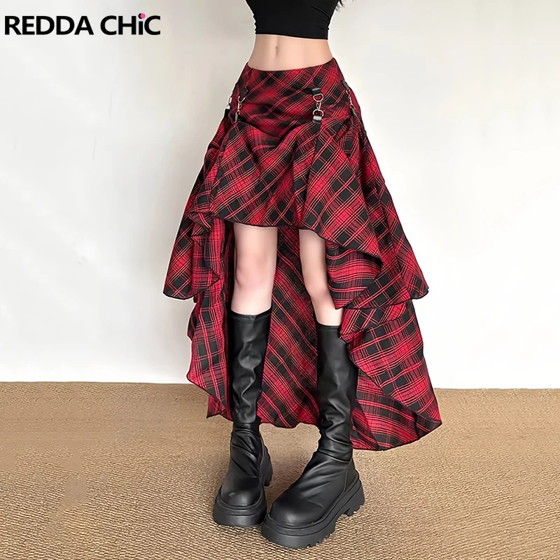 

Юбка ReddaChic в красную клетку, винтажная, асимметричная, с регулируемой застежкой, оборками, низкой талией, длинная, в готическом стиле, альтернативная одежда