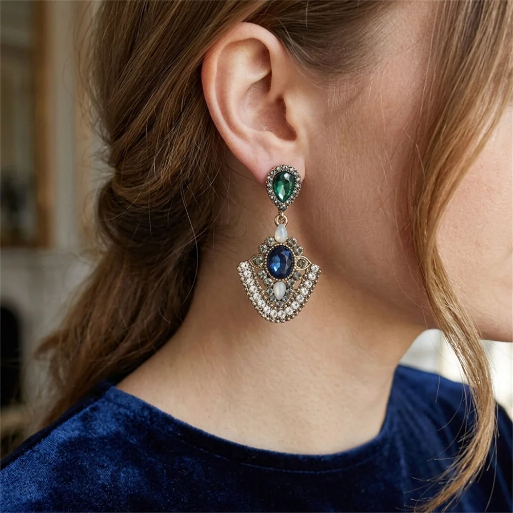 Gorgeous Antique Gold Color Plating Green Clear Black Gem Decorated Drop Earrings For Women Girl Classic Casual Bohemia Jewelry