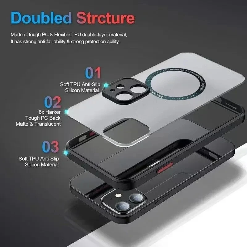 Funda magnética blindada mate de lujo para iPhone 16 15 14 13 11 12 Pro Max 13 Mini 14 Plus, carga inalámbrica 4