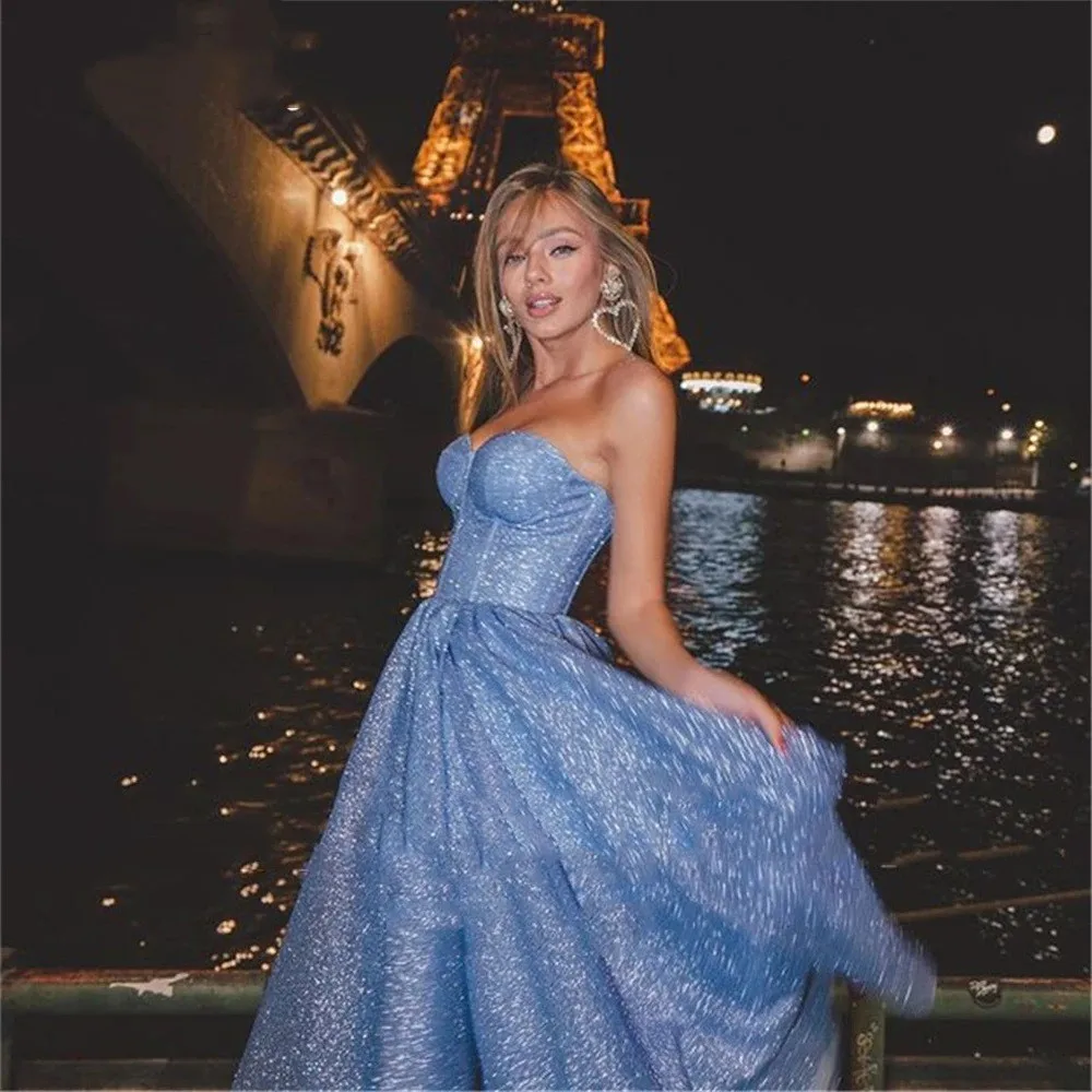 Luxurious Glitter Blue A Line Short Prom Dresses Strapless Sweetheart Princess Party Night Dress Side Slit Tea Long Party Gowns