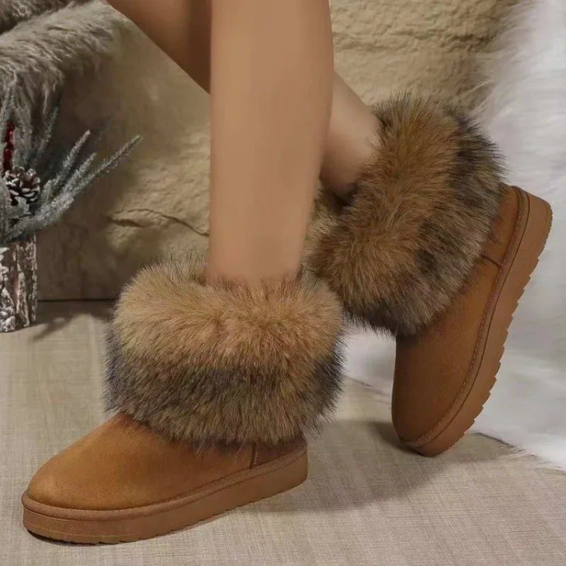 Women\'s Winter Snow Boots Outdoor Luxury Furry Faux Fox Fur Boots Woman Plush Warm Platform Shoes New Fashion Bottes Big Size