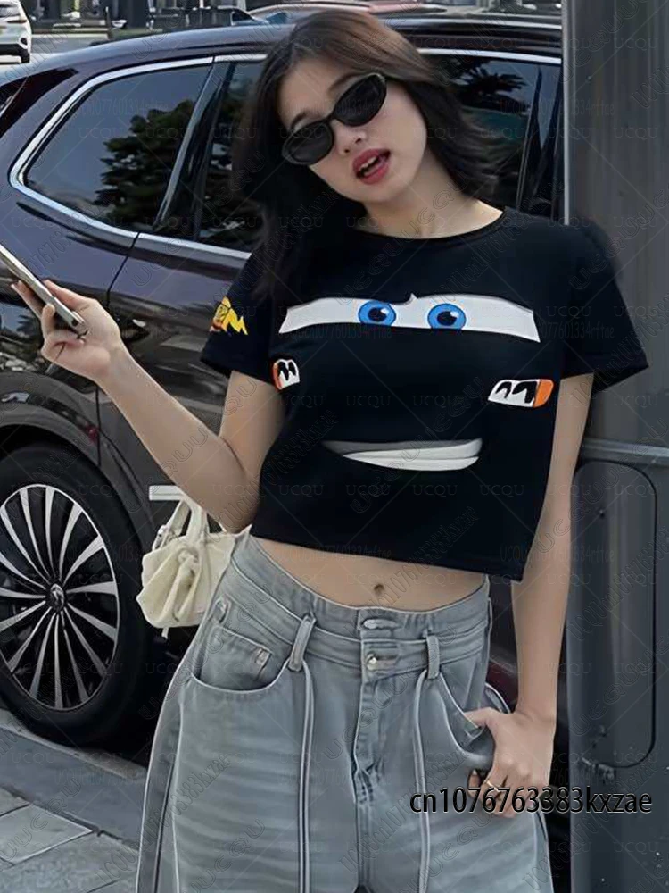 2026 Lightning Mcqueen Print Crop Top For Women Fashion Round Collar Short Tshirt Sexy Street Trendy Tees Casual Y2k Vintage Top