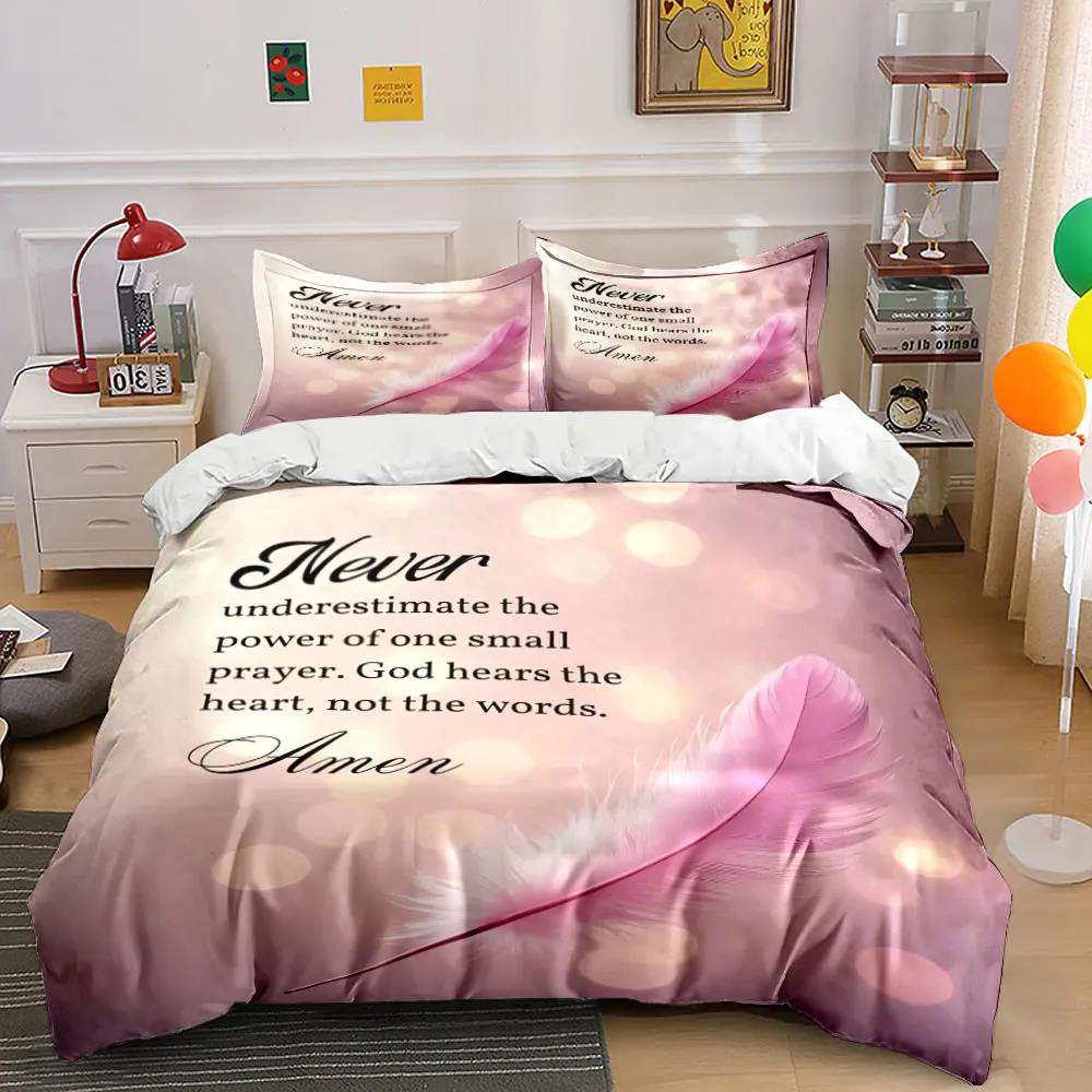 3Pcs Pink Feather Bokeh Prayer Quote Bedding Set, Soft Blush Faith Print Duvet Cover 2 Pillowcases Single Double King Queen