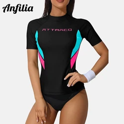 Anfilia donna manica corta Rash Guard camicie costumi da bagno Rash Guard Top Surf Top camicia attillata UPF 50 +