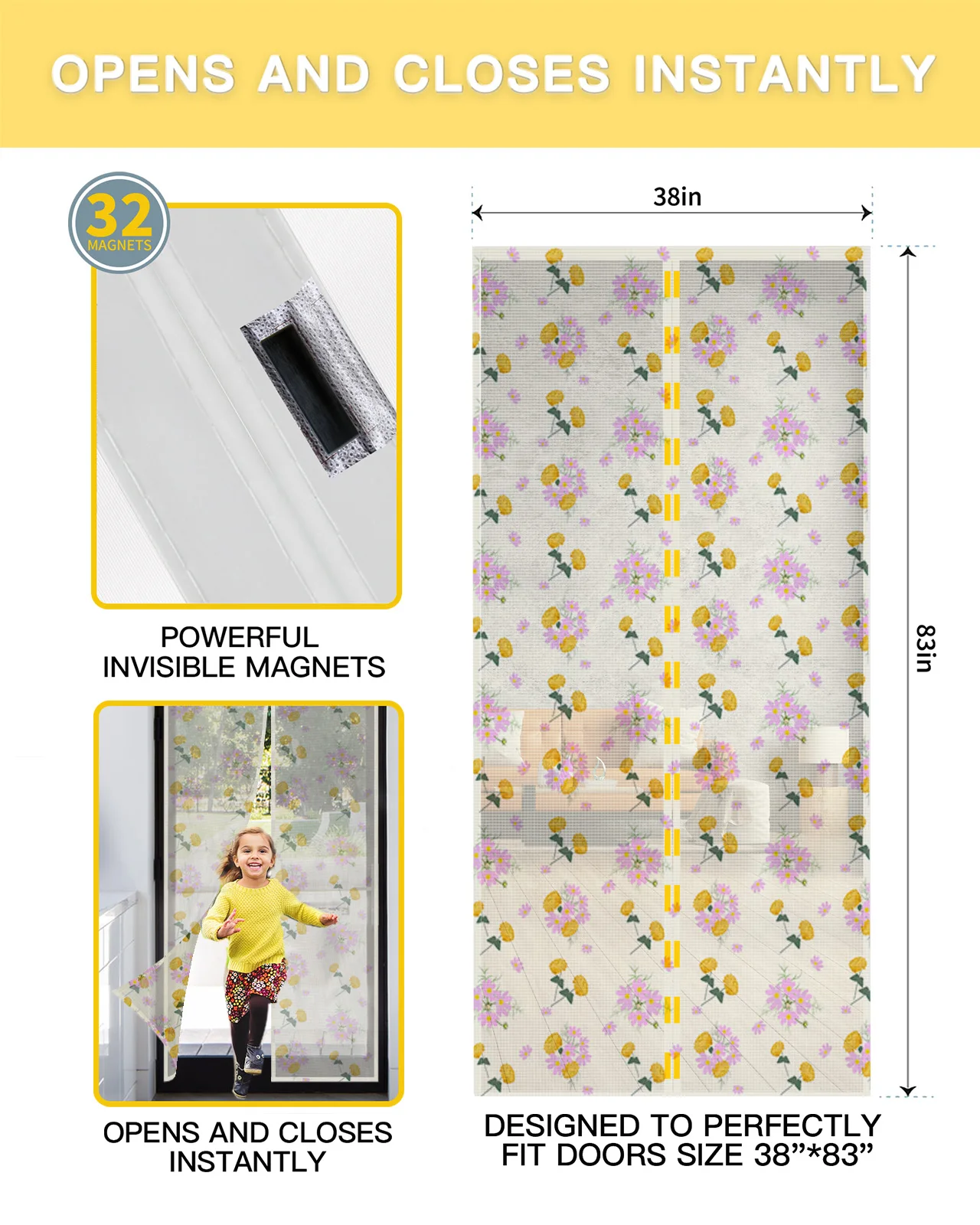 Spring Flower Farmhouse Magnetic Mosquito Net Summer Anti Bug Fly Door Curtains Kitchen Screen Door Mesh