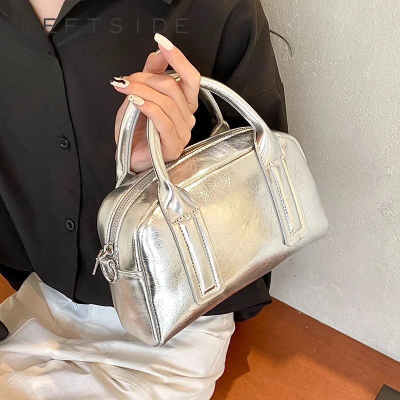 LEFTSIDE 2024 Solid Color Small Tote Bag Women Korean Fashion Handbags and Purses Shoulder Bag Lady Silver Crossbody Bag