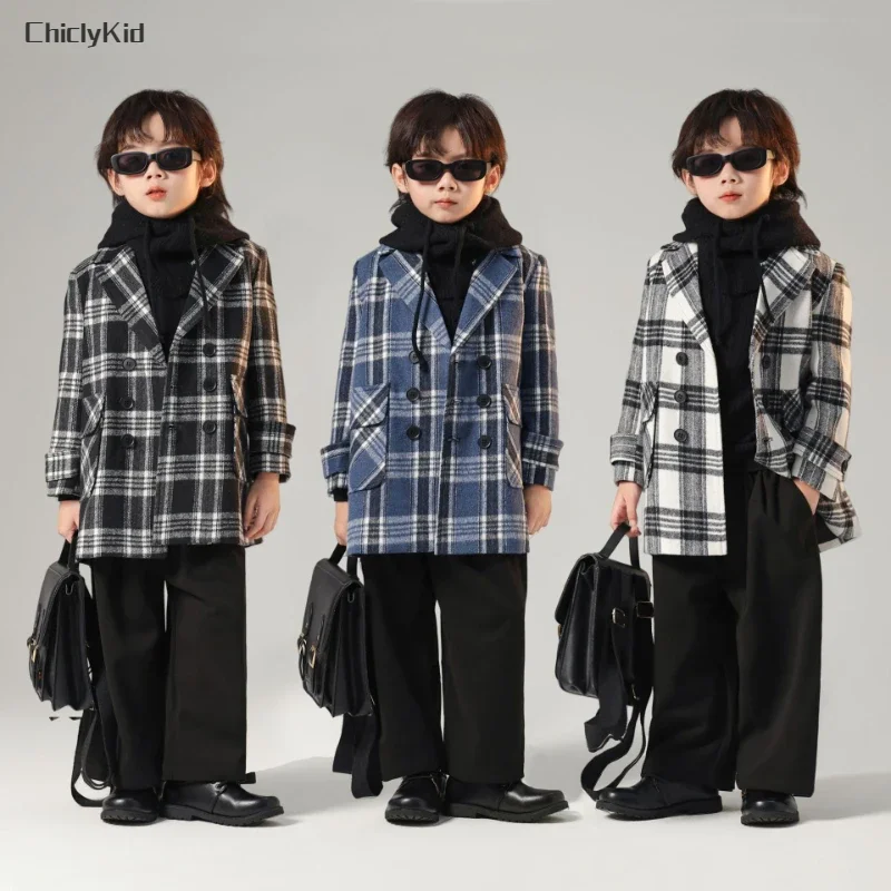 

Boys Autumn Winter Plaid Double-breasted Long Woolen Coat Kids Fashion Windbreaker Jacket Children Outerwear Spring Overcoat