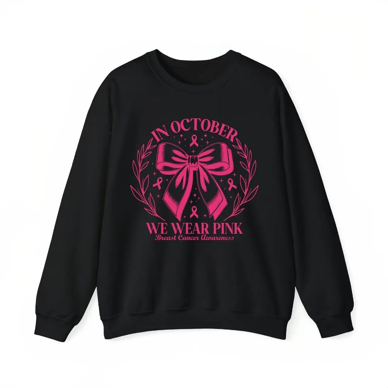 

October We Wear Pink Breast Cancer Awareness Sweatshirt, Women's Inspirational Pink Ribbon Crewneck Pullover