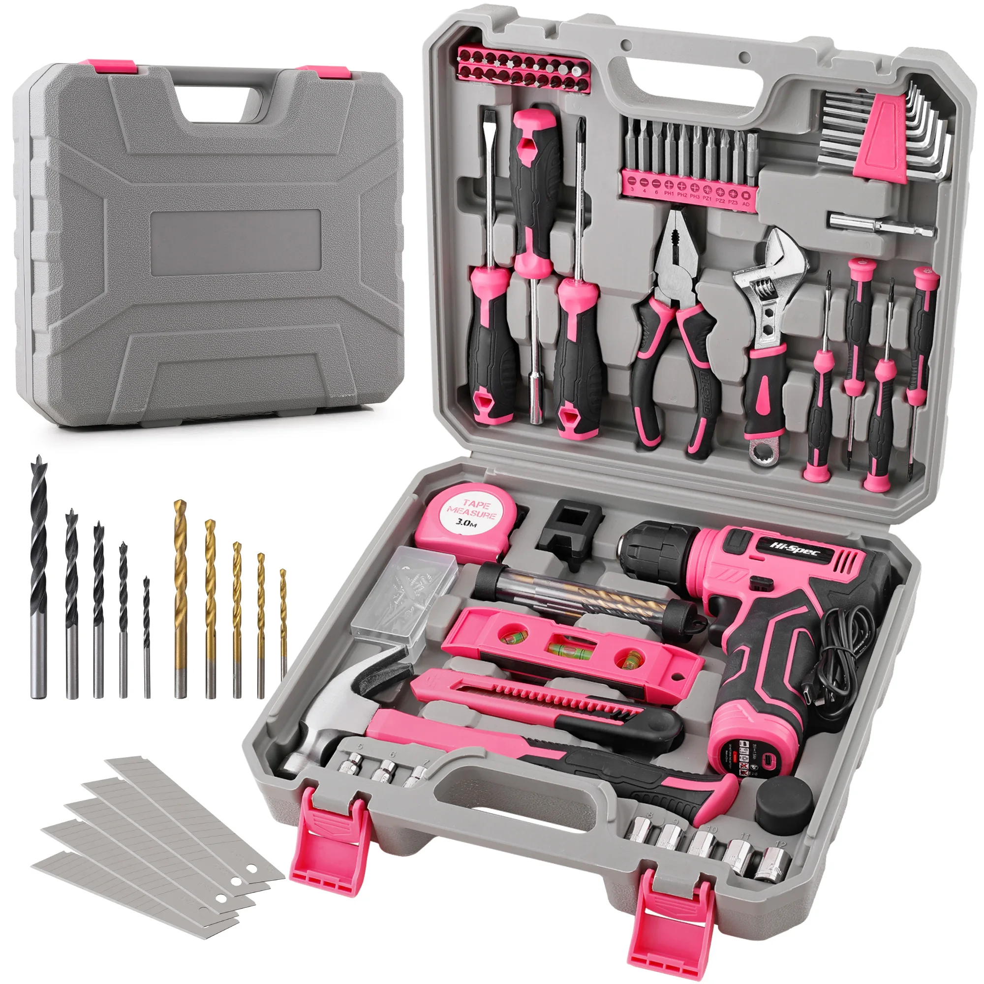 ​Hi-Spec 133PC Power Tool Sets with 8V Lithium Drill - Pink Home Repair Tools Kit Set & Magnetic Precision Bits 3-Tier Toolbox