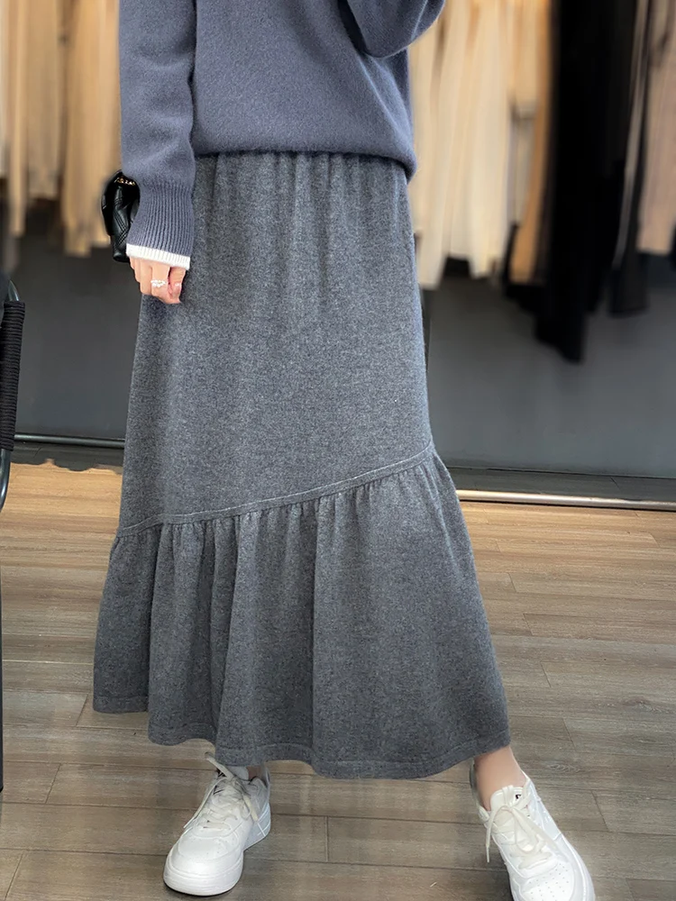 100% Wool Fishtail Skirt Ladies New Autumn Long Skirt Fashion All-match Knitted Pleated Skirts Elastic High Fanny Pack Hip Skirt