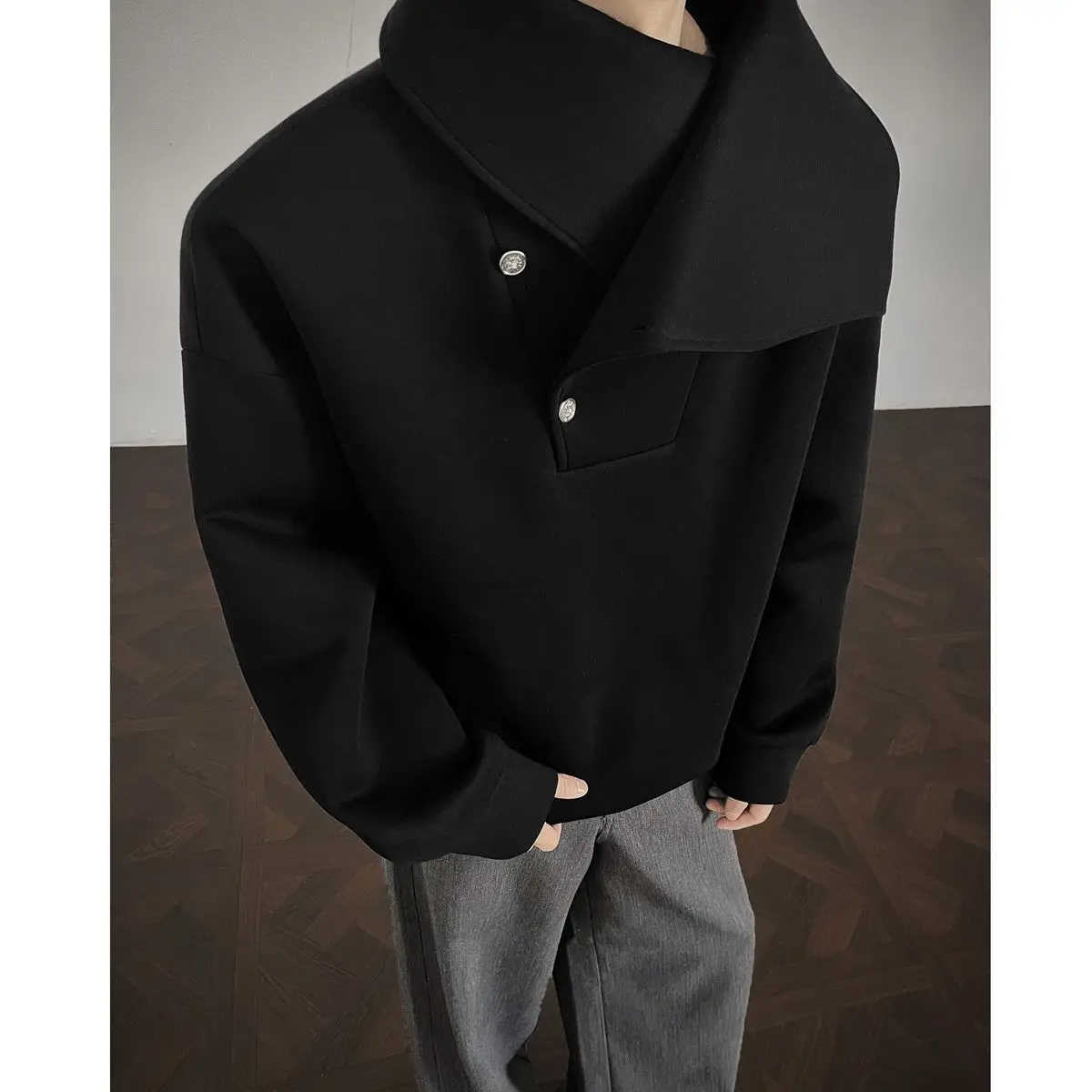 Diagonal placket button-down stand-up sweatshirt for men in winter windproof old money style American heavy stiff jacket