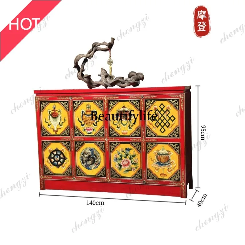 M45 Tibetan painted Buddhist niche Tibetan eight treasures porch cabinet retro storage side cabinet Chinese style