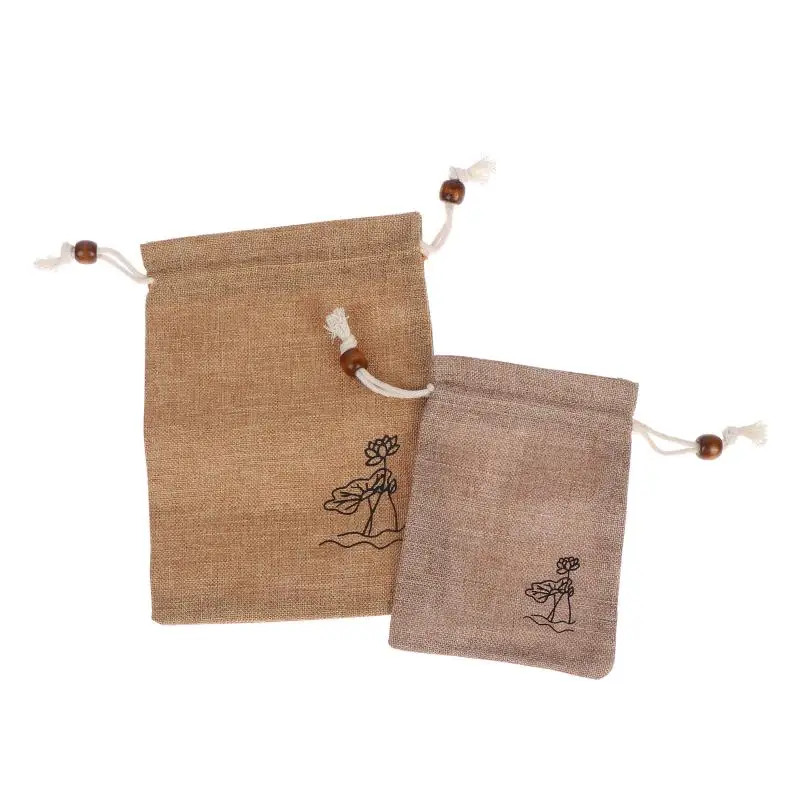 2 Stück Jute-Zugbeutel mit Kordelzug, Baumwolle, Leinen, Lotusmuster, Hochzeitsbeutel, Weihnachtsverpackung, Aufbewahrung von Kristallsteinen, Geschenktüten – Detail 4