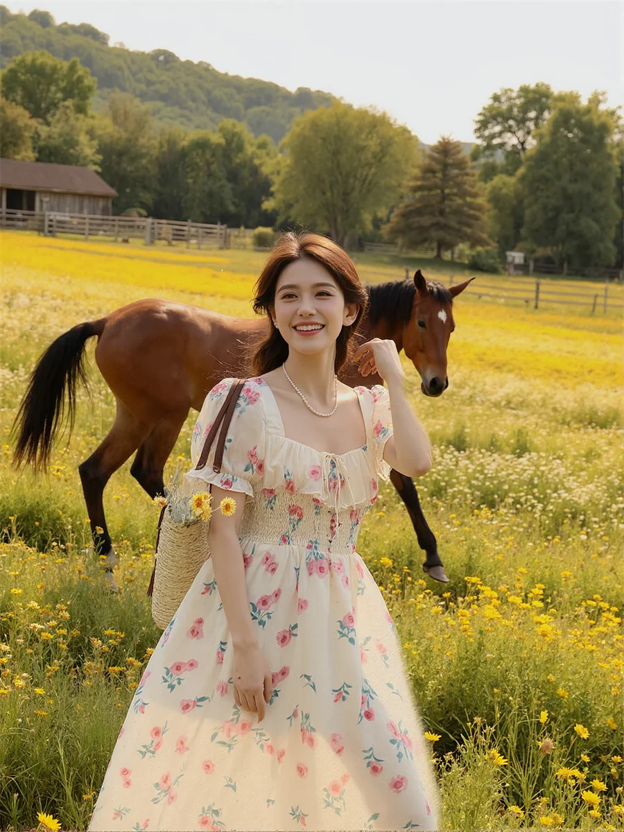 Damenkleider für Damen, Party, elegant, quadratischer Kragen, Schnürung, Volant, Rüschen, Fliege, Kordelzug, weich, Vintage, Boho, romantisch