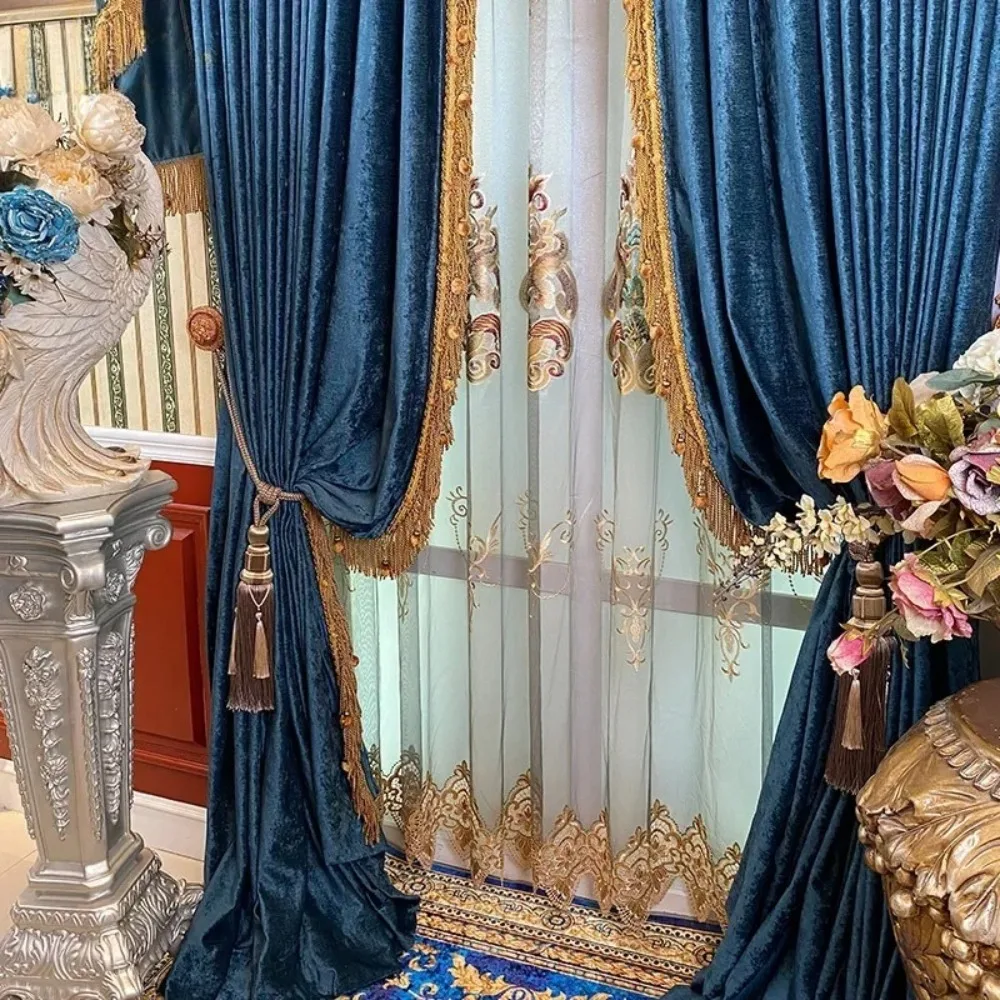 French High-grade Chenille Lace Stitching Blackout Curtains for Living Room Bedroom Finished Product Customization