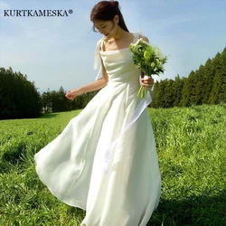 Square Neck White Black Korea Evening Dresses Satin Evening Gown Photo Shoot Corset Sleeveless Birthday Party Dress Maix 신상원피스