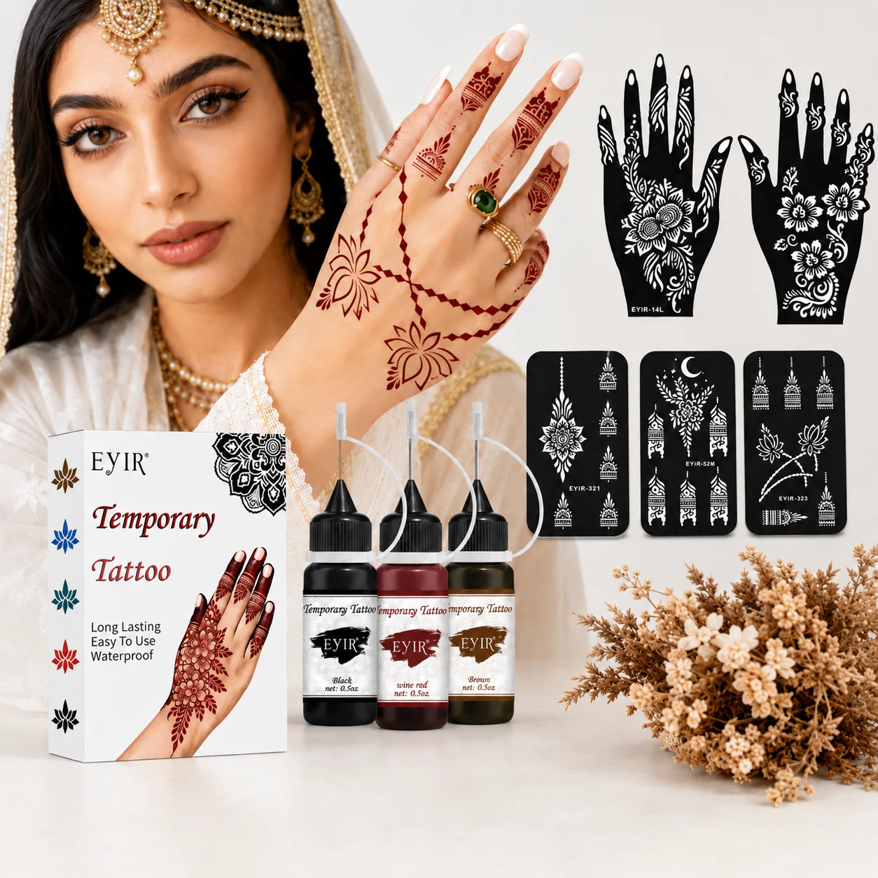 EYIR Kit de Tatouage Temporaire 3 Couleurs avec Pâte et 5 Pochoirs Henné pour Mains Résistant à l’Eau Body Art DIY Festival Fête