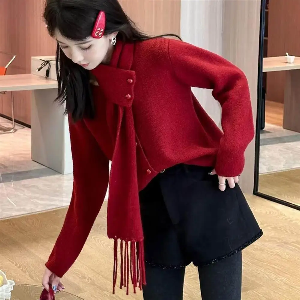 Detachable Scarf Sweater Women's Loose Christmas Red Knitted Shirt Soft Comfortable Unisex Casual Style Warmth Heating Daily ...