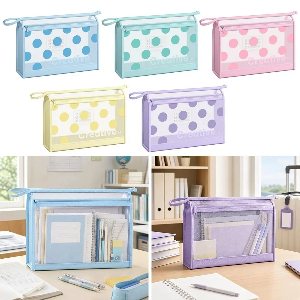 Durable Mesh File Bag Polka Dot Print Zipper Design Document Bag with Handle Double-Layer File Folder School Supplies