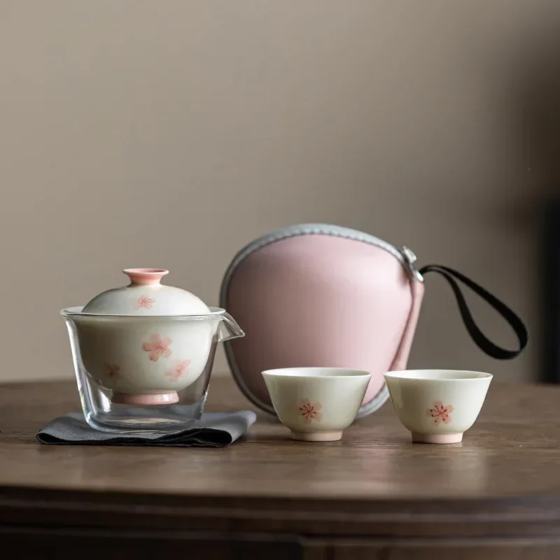 Pink Sakura Travel Tea Set Single Outdoor Portable Quick Cup Kungfu Handmade Designer Teapots One Pot Two Cups Gift for Girls