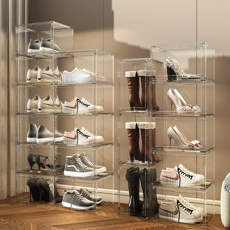 PET Folding Shoe Box Acrylic Full Transparent Side Open Flip Shoe Cabinet Household Can Be Superimposed Magnetic Shoe Box