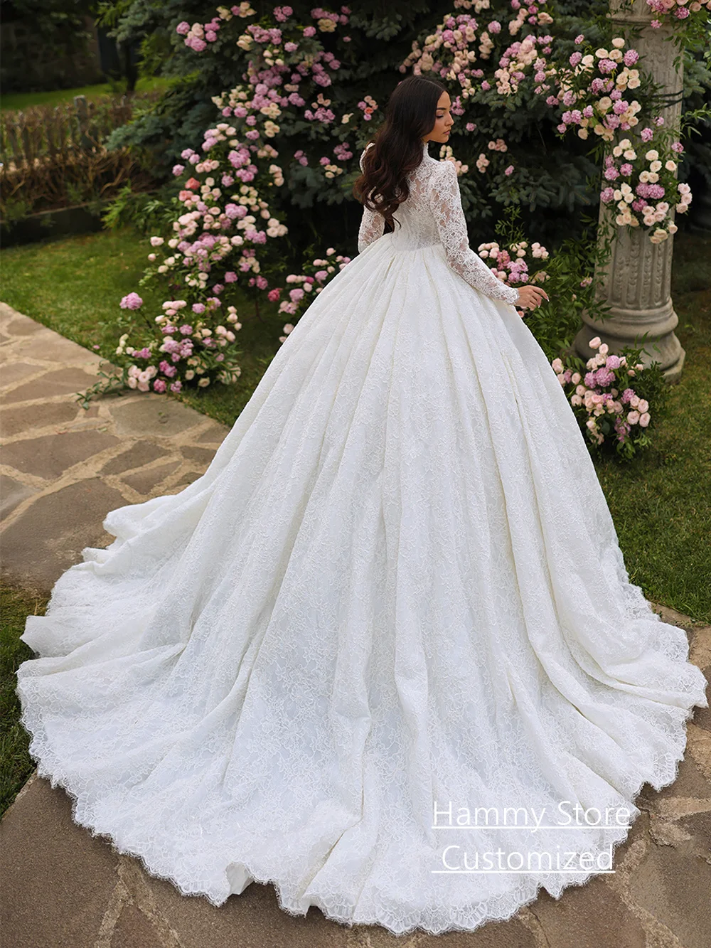 Wunderschöne Ballkleid-Brautkleider, Brautkleid, maßgeschneidert, Stehkragen, volle Ärmel, Spitzenapplikation, saudi-arabische Brautkleider – Detail 3