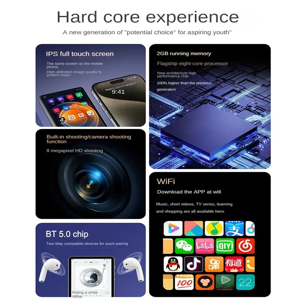 مشغل MP3 واي فاي محمول مع كاميرا معدنية بلوتوث 5.0 MP4 شاشة لمس كاملة نظام أندرويد راديو FM عالي الدقة 16 جيجابايت