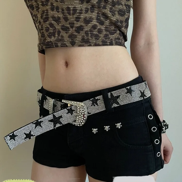 2024 Y2k Luxury Rhinestone Star Bling Sequin Women's Belt Punk Metal Buckle Belt Fashion Waistband Jeans Pants Party Belt