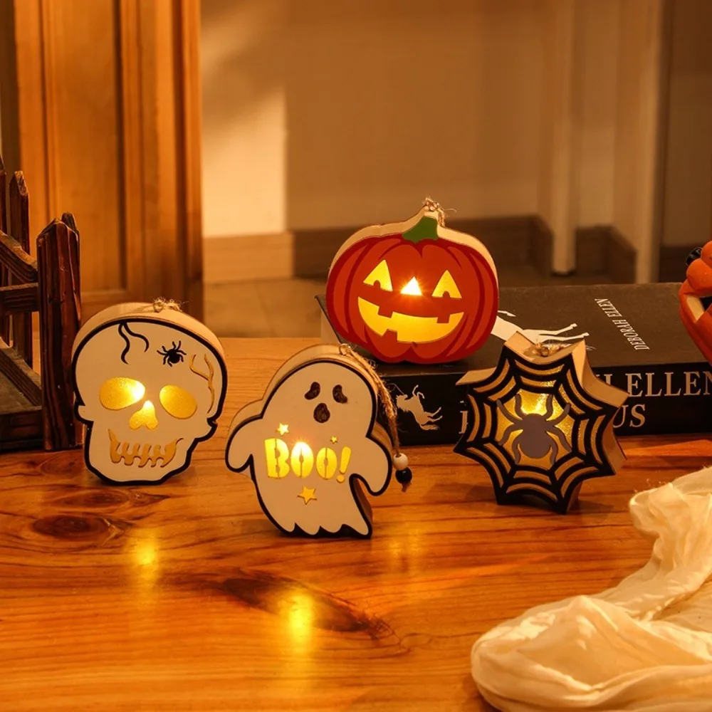 Halloween Wooden Pumpkin Lantern, Spider Pendant, Halloween Nightlight Decor, Ghost Lantern, Novo