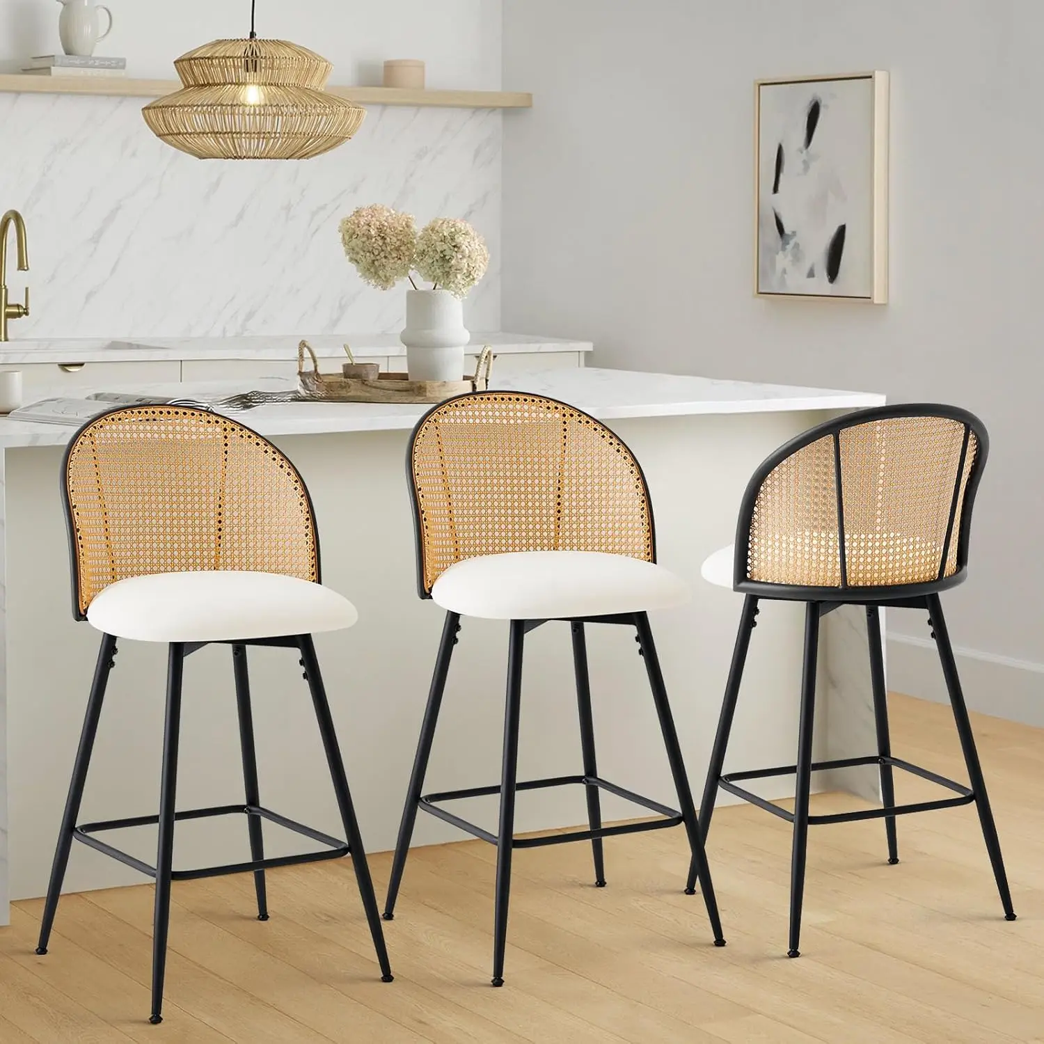 

Counter Height Bar Stools Set of 3 360° Swivel Upholstered Barstools with Rattan Full Back & Metal Legs PU Leather 26" Mid