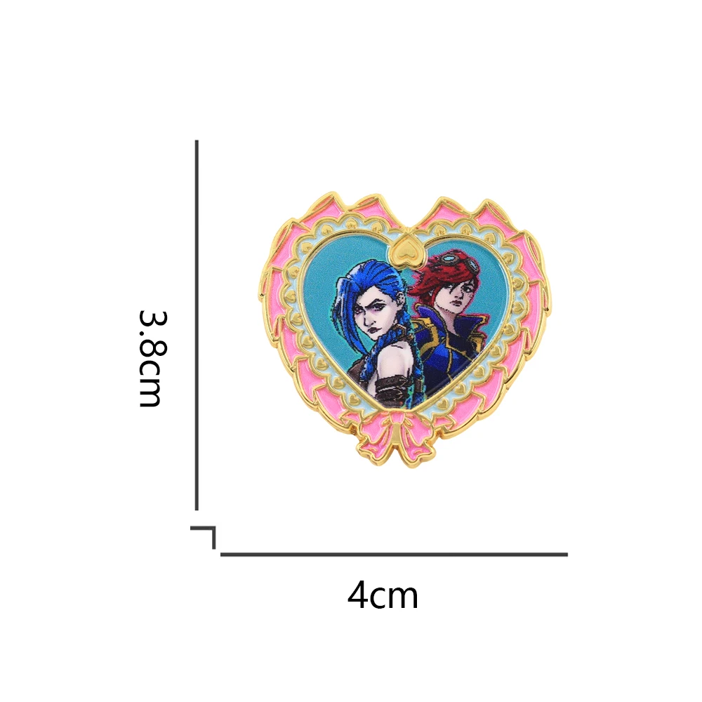 Runaway Loli Jinx And Fist Girl Vi Bow Heart Enamel Pin Video Game Character Peripheral Cute Playful Jewelry Gamer Gift Collect