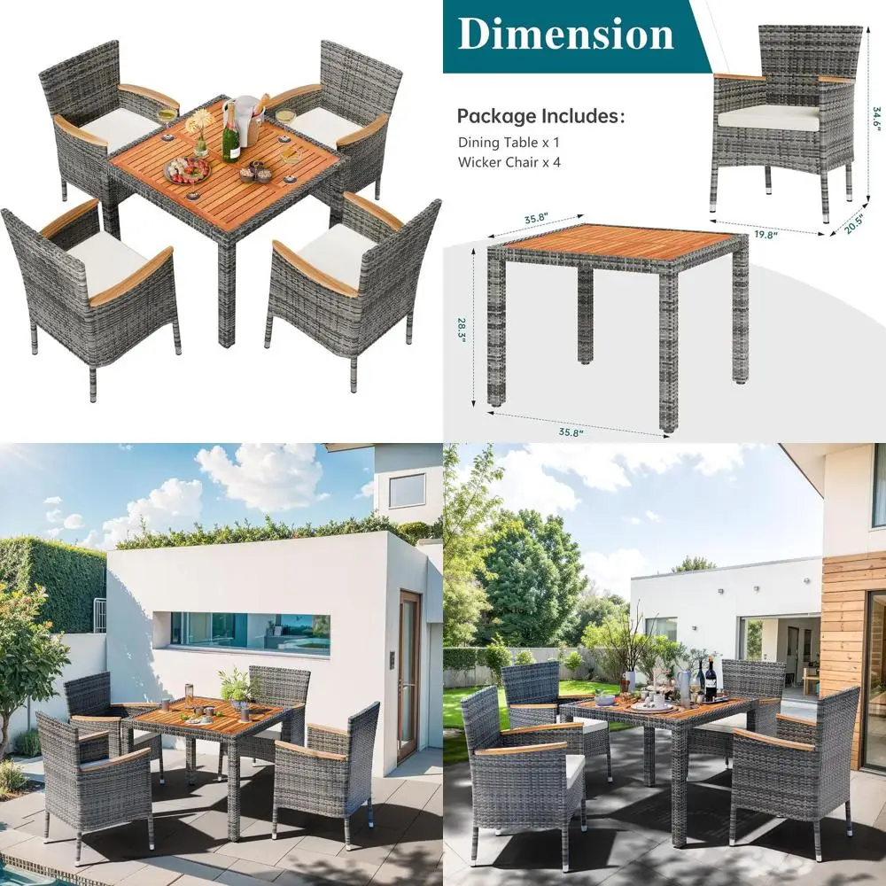 

Серый плетеный обеденный гарнитур для патио с деревянным столом и мягкими стульями