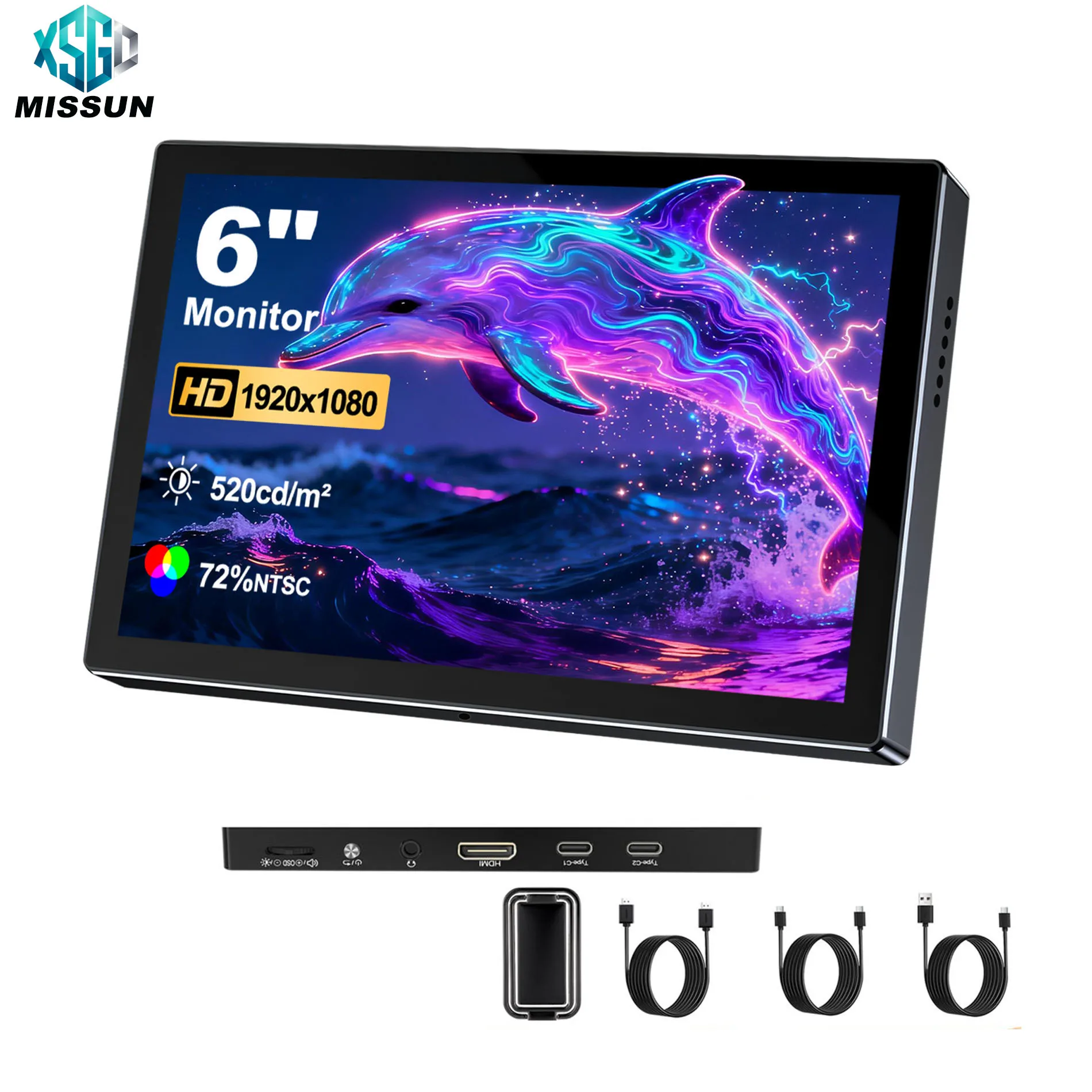 MISSUN 6-inch Portable Monitor 60HZ For Laptop XBox PS4/5 Switch TV Box Cell Phone PC Extension Mobile VESA TypeC Second Display