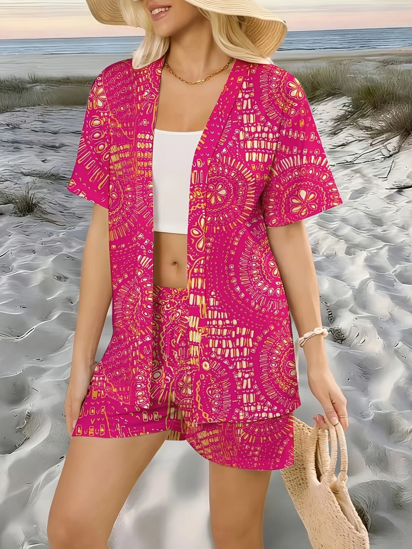 Bohemian Floral Print in Bright Rose Red, Vacation-Style Two-Piece Elegant Casual Set (Excluding Suspenders)