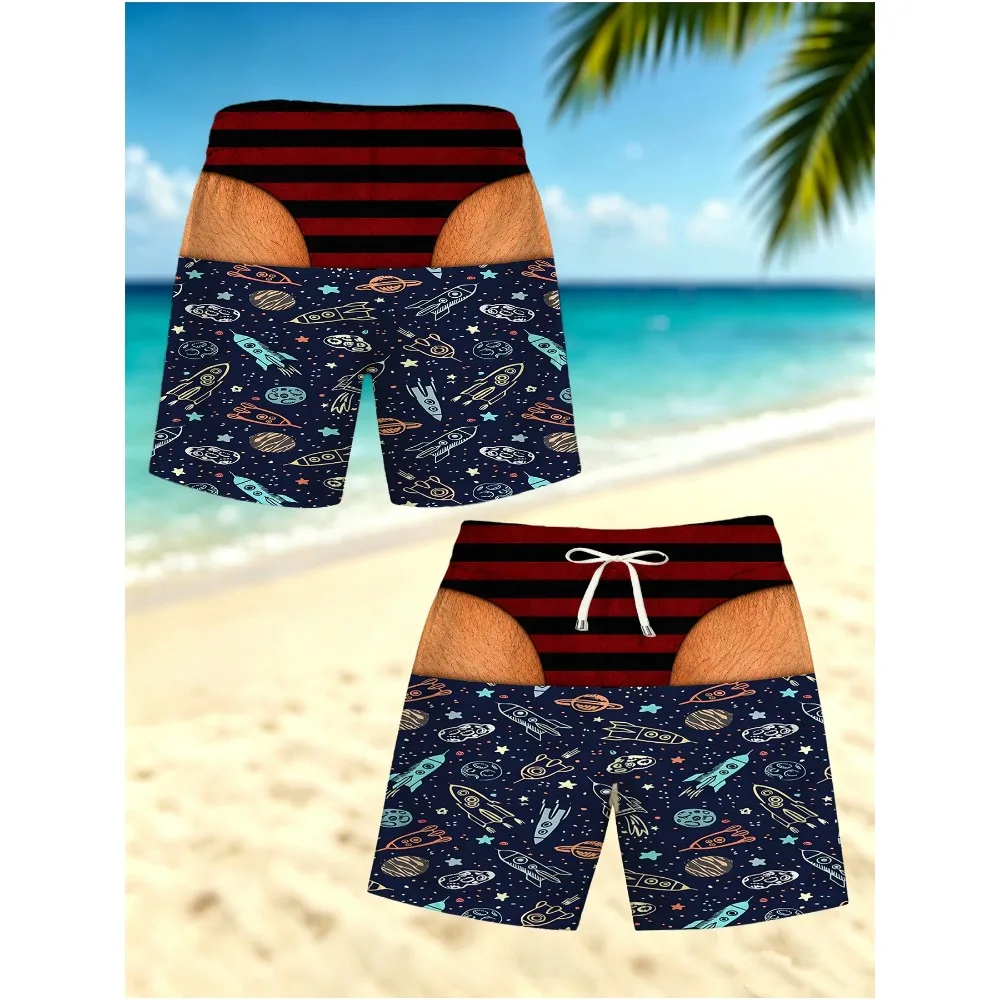 Novelty Gag Gift Men Beach Shorts 3D Illusion Fake Gold Underwear Swim Trunks Vintage Floral Drawstring Boardshorts
