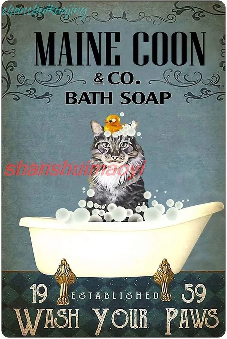 Funny cat metal poster maine coon co. bath soap wash your paws retro metal tin sign bathroom kitchen living room home art w sign