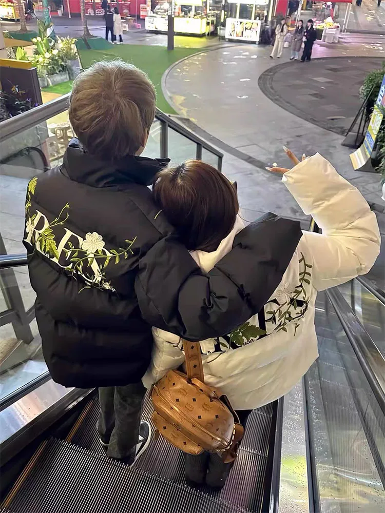 

Winter Thiened Embroidered Floral Cotton Jaet ex Loose Fit Warm Coat Youth Faion Casual Long Sve Stand Collar