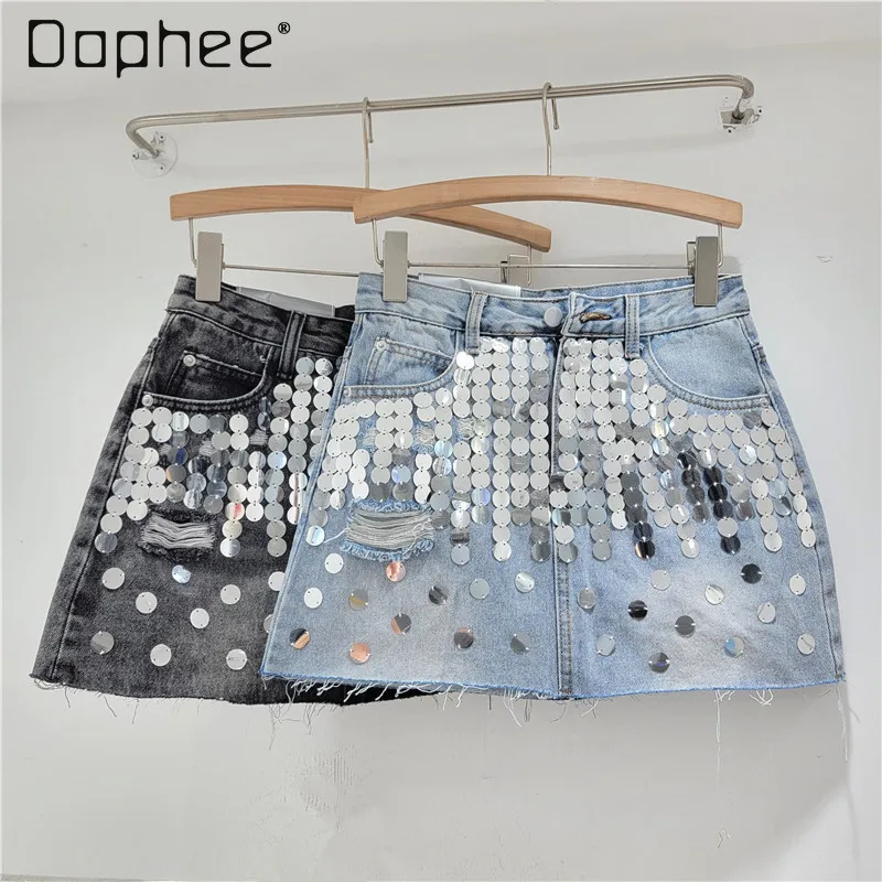 

High Waist A- Line Fashion Sequined Frayed A- Line Short Skirt 2024 Summer New Korean Style Slimming Denim Skirt for Women