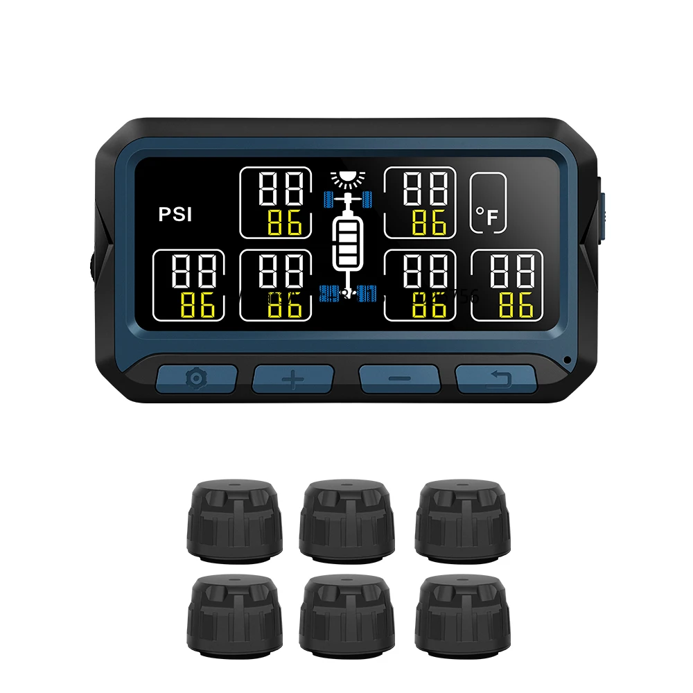 RV Truck TPMS with 6 External Sensors Tire Pressure Monitoring System Wireless Solar Digital LCD Alarm