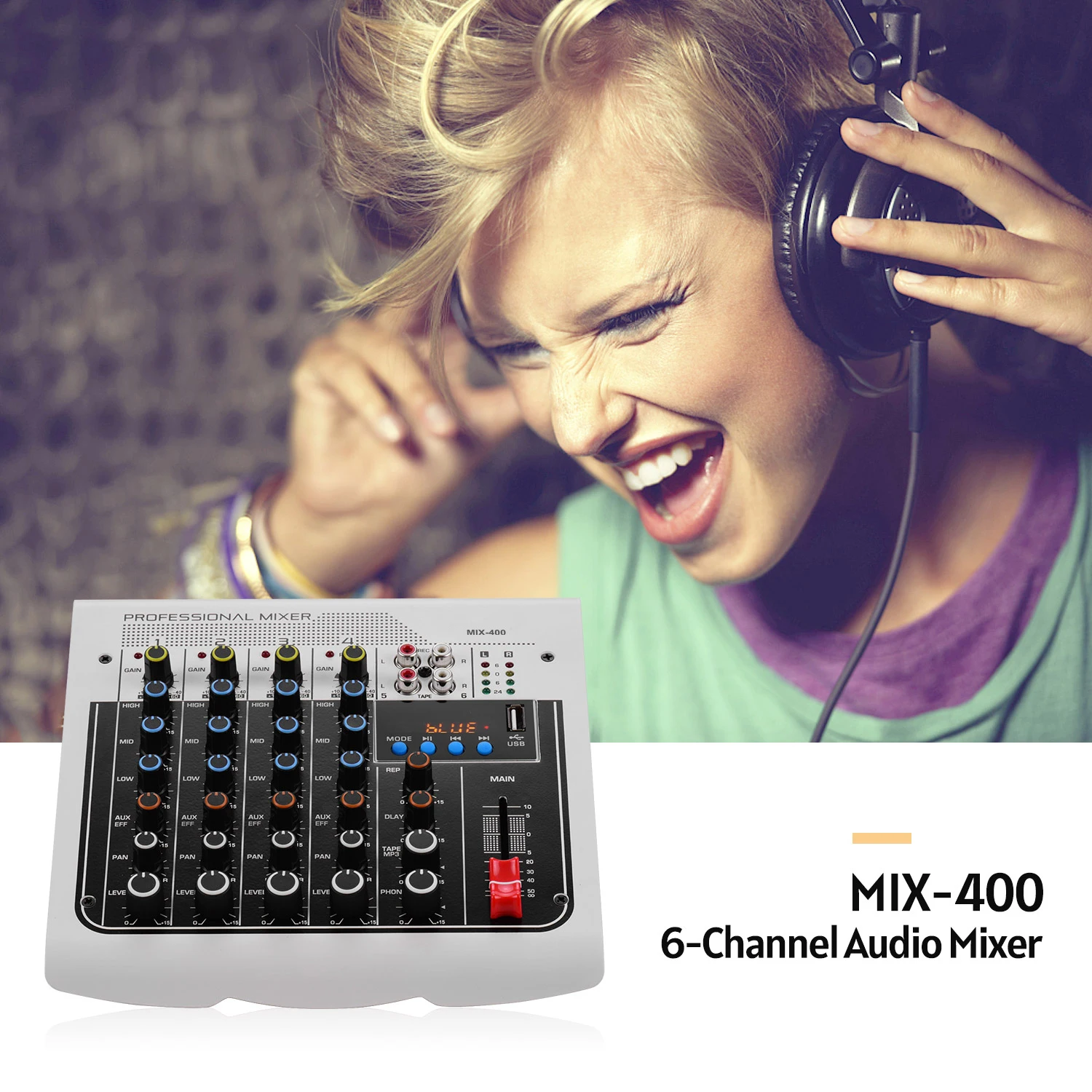 

MIX-400 Professional 6-Channel Audio Mixer Mixing Console 3-Band EQ with Reverb Delay Effects +48V Phantom Power Wireless