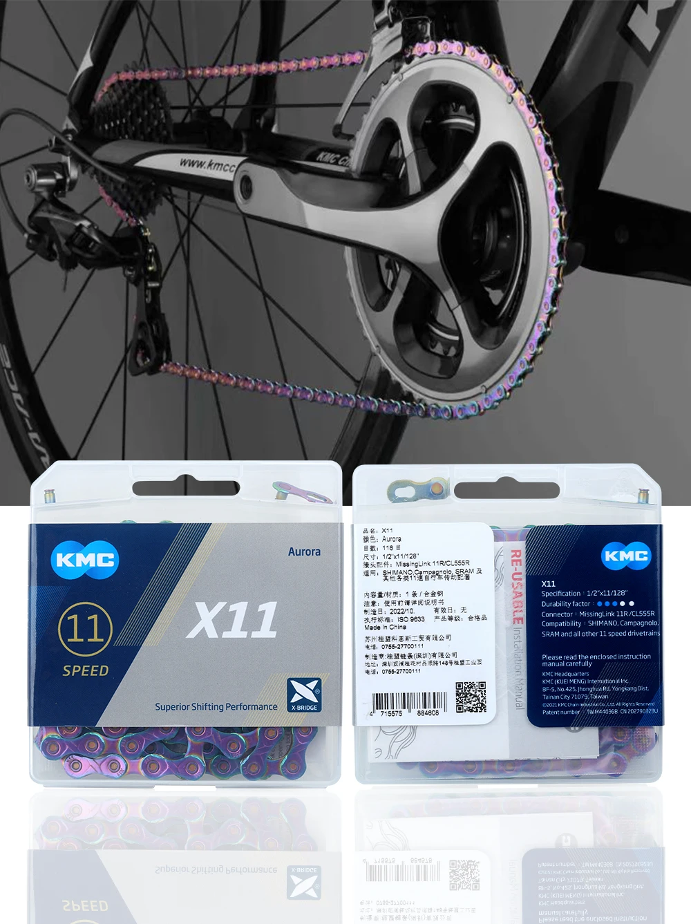 KMC X10 X11 X12 Bicycle Chain Road Mountain Bike 10/11/12Speed Bicycle Aurora Chain Compatible for SHIMANO Chain with Links Lock