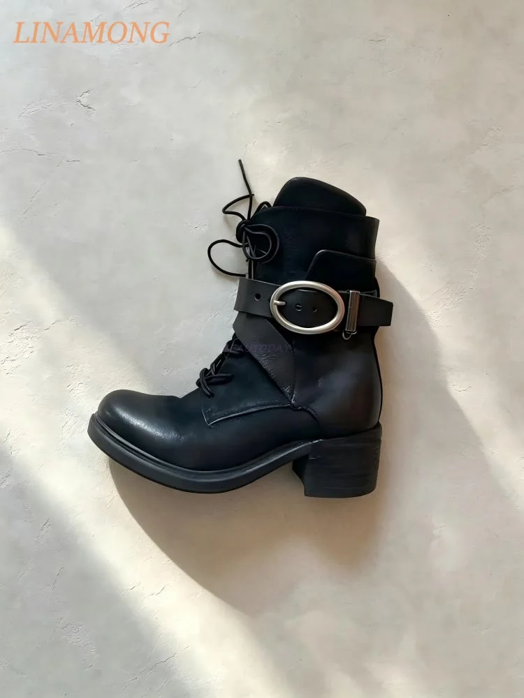 Trending Ladies Short Moto Combat Boots Smooth Worn Leather Upper Wide Oversized Oval Buckle Belt Block Heel Daily Punk Footwear