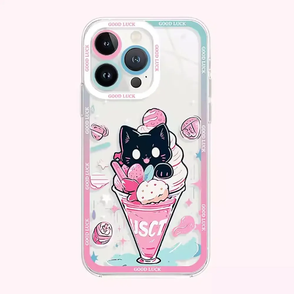 Cute Cartoon Black Cat Art Phone Case for IPhone 16 15 14 13 12 11 Pro Max Mini XS X 7 8Plus Clear Soft Cover Funny Animal Funda