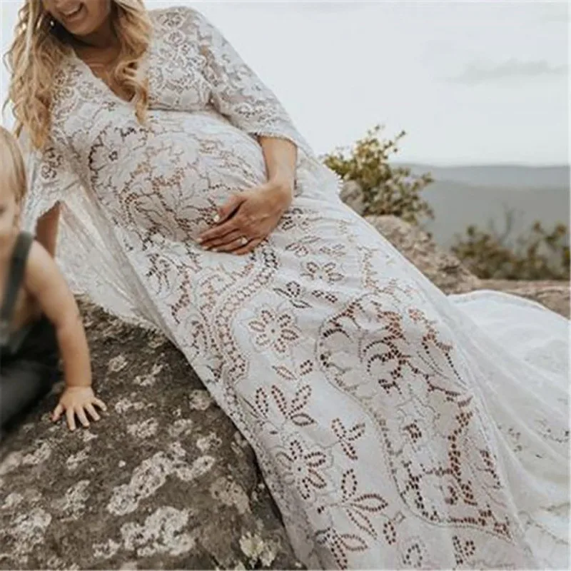 Gaun hamil renda Vintage lengan Batwing Boho untuk gaun panjang hamil pemotretan foto alat peraga fotografi pakaian untuk Baby Shower