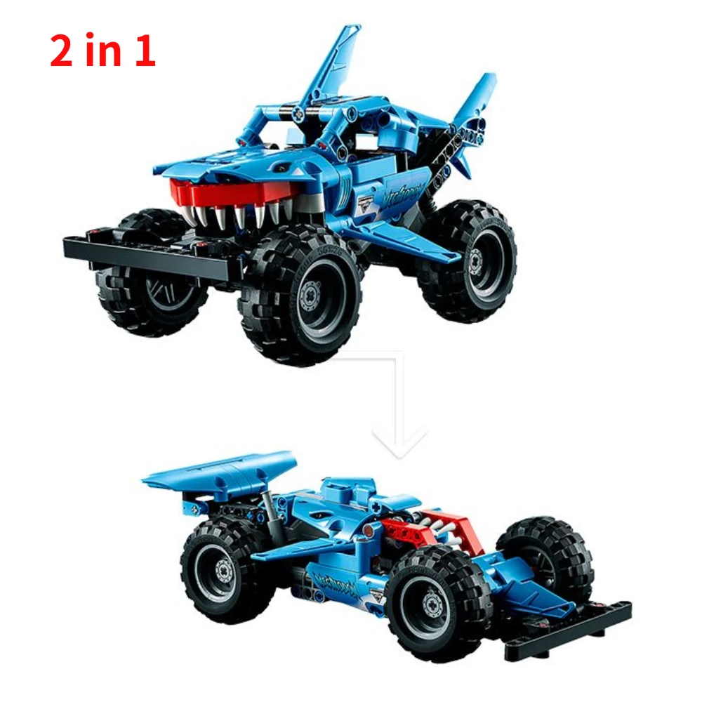 Technical Monster Jam Megalodon 42134 Building Blocks Set 2 in 1 Pull Back Shark Truck  Race Car Model Boys Toys Christmas Gifts