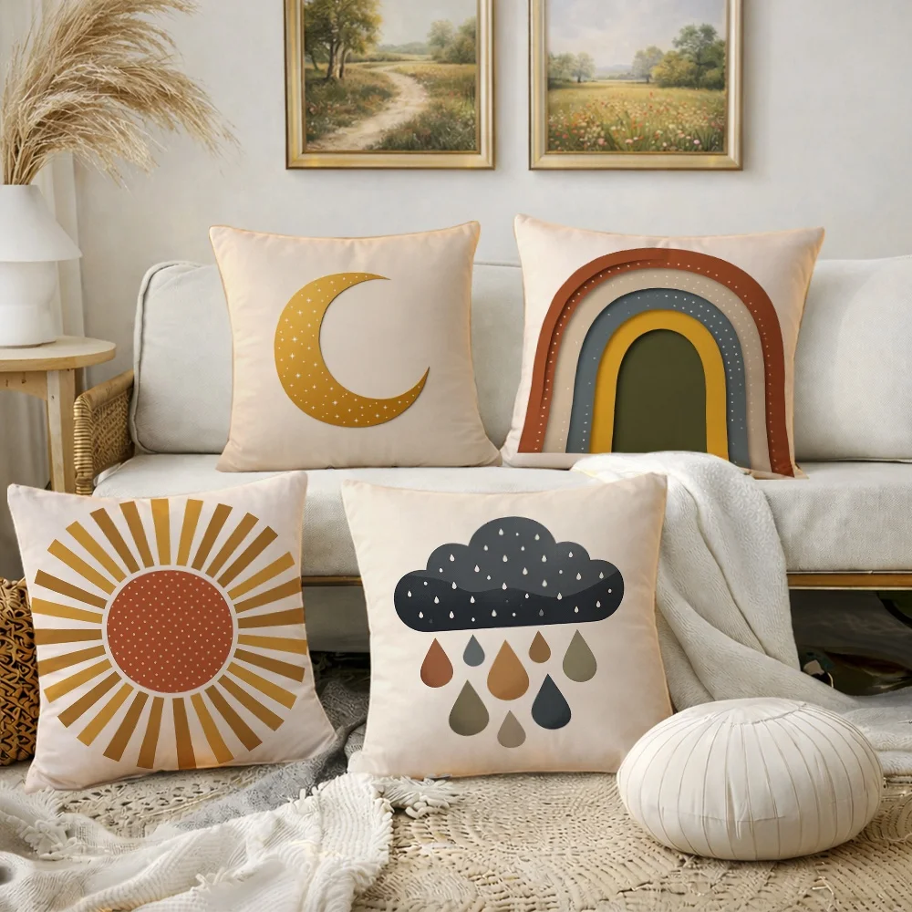 4-Piece Nursery Throw Pillow Set: Cloud Rain, Crescent Moon, Sunburst, and Rainbow Decor for Nursery Room