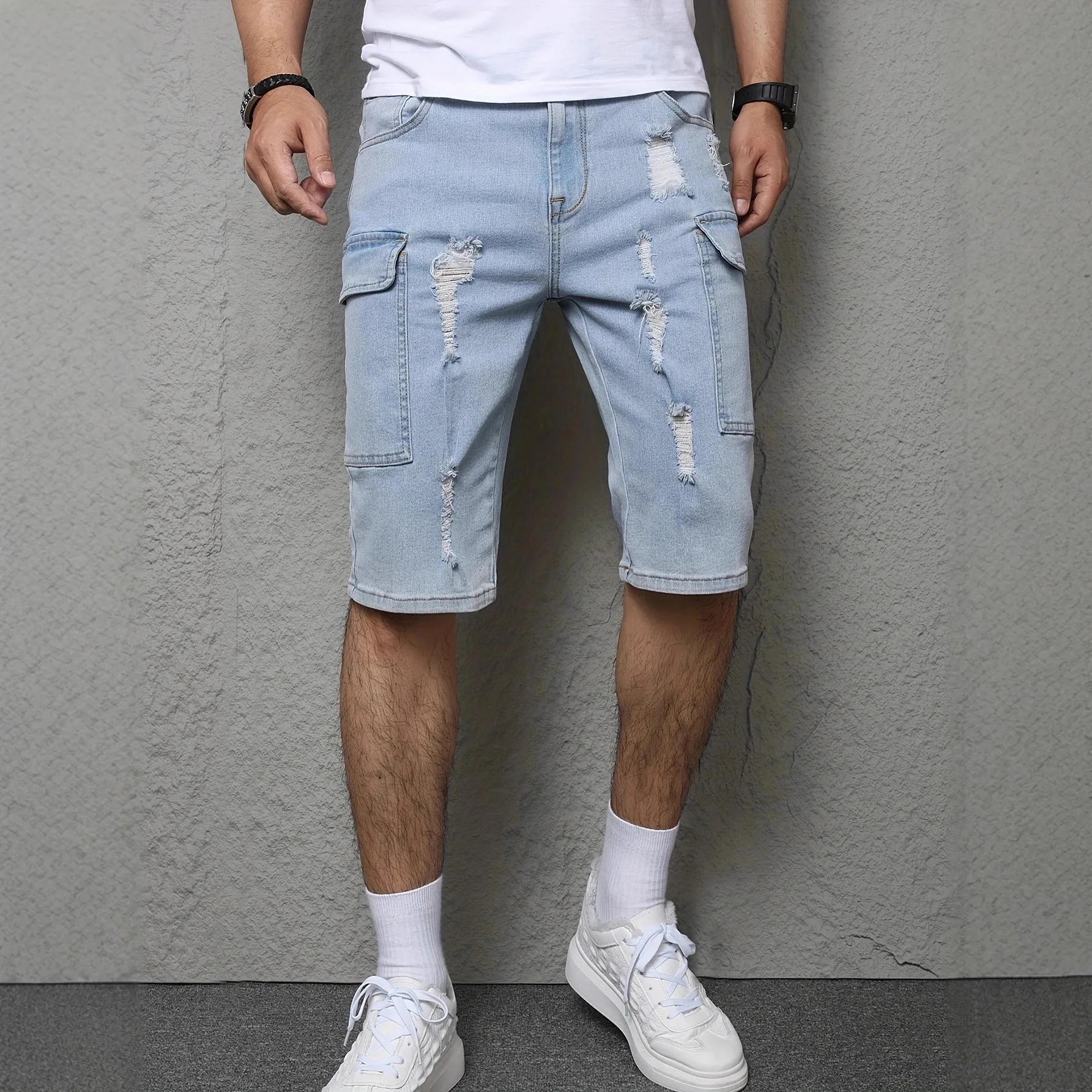 

Summer Ripped Men's Loose Straight Pants Tooling Retro Casual Denim Shorts