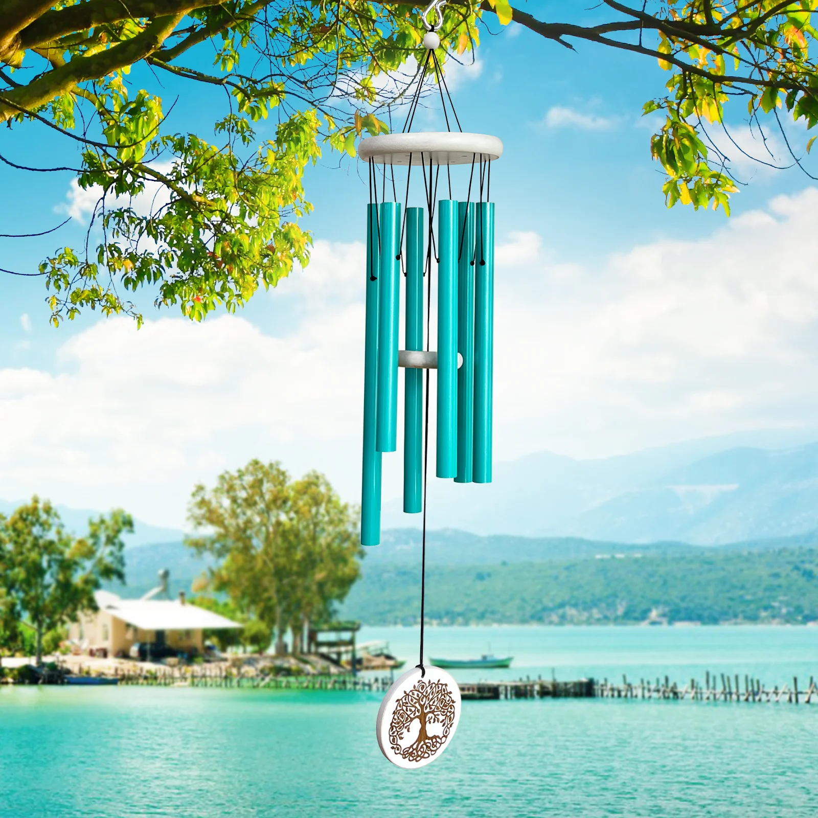 THEYUFA Tree of Life Wind Chimes33in(about 83.8 cm) memorial wind chimes mother/father garden hanging decoration(aquamarine)